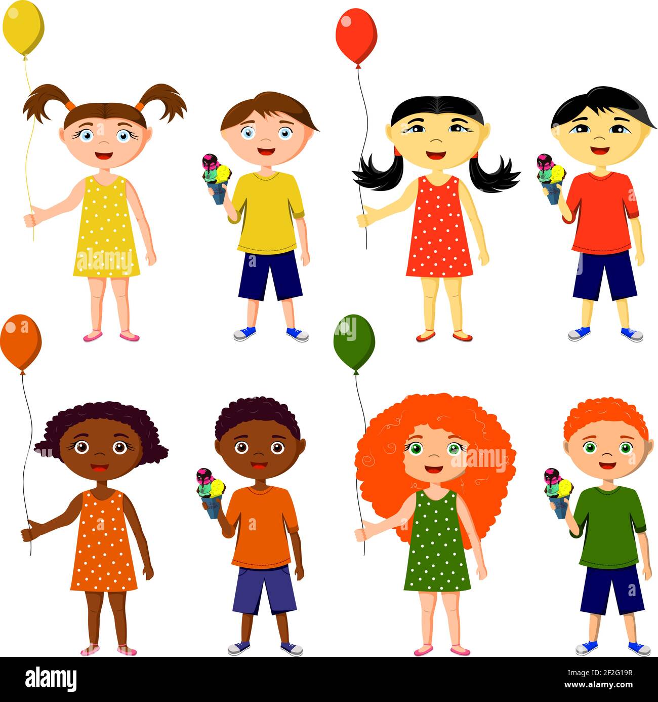 Un ensemble d'enfants de différentes nationalités du monde dans une robe, short. Ensemble de 8 personnages, garçons et filles avec ballons et glace. Afrique, Illustration de Vecteur