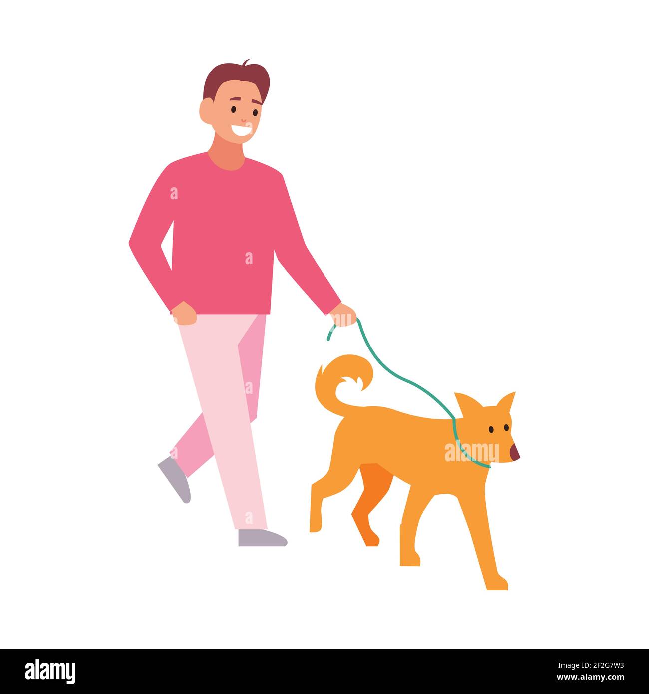 Chien professionnel marchant. Un homme marche avec un animal de compagnie. Illustration vectorielle isolée sur fond blanc. Illustration de Vecteur