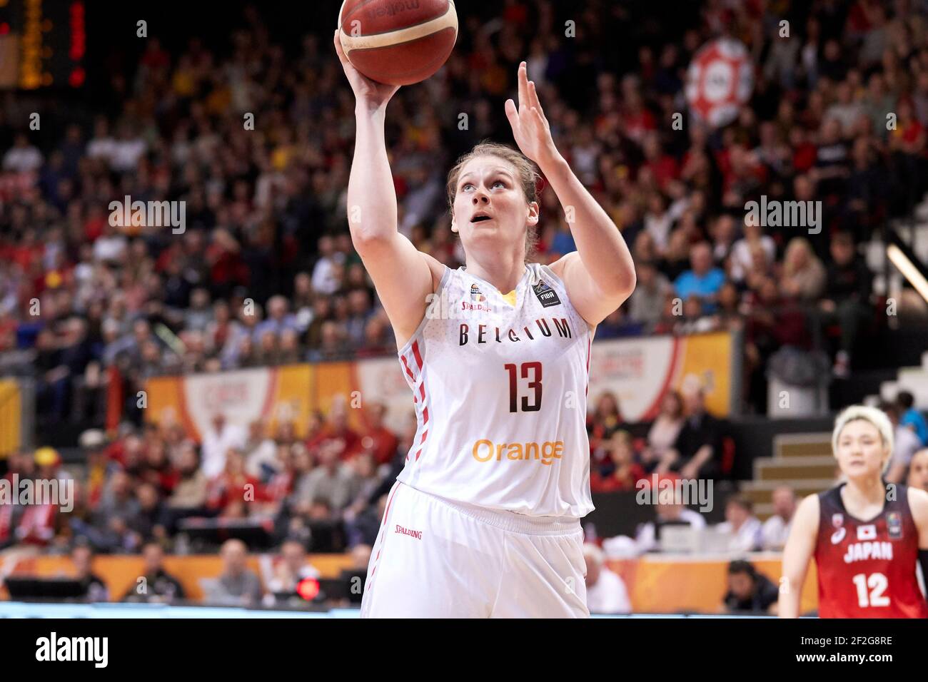 Kyara LINSKENS (13) de Belgique lors du tournoi de qualification olympique  féminin FIBA 2020, match de basket-ball entre la Belgique et le Japon le 8  février 2020 au Ostende Dome à Ostende,