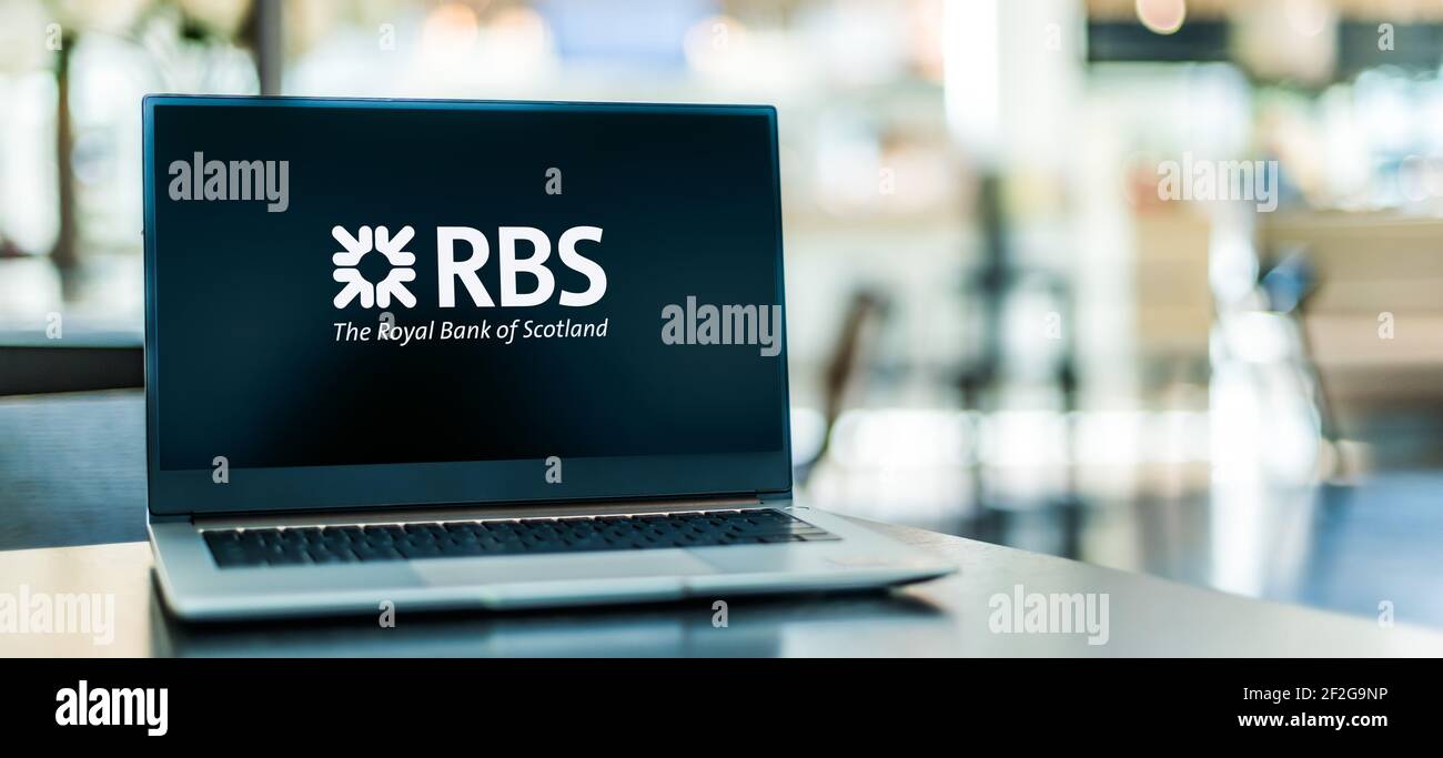POZNAN, POL - 6 FÉVR. 2021 : ordinateur portable affichant le logo de la Royal Bank of Scotland, une importante banque de détail et de commerce en Écosse Banque D'Images
