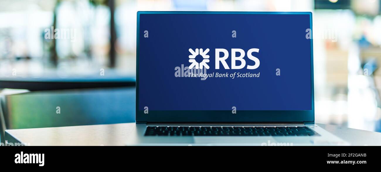 POZNAN, POL - 6 FÉVR. 2021 : ordinateur portable affichant le logo de la Royal Bank of Scotland, une importante banque de détail et de commerce en Écosse Banque D'Images