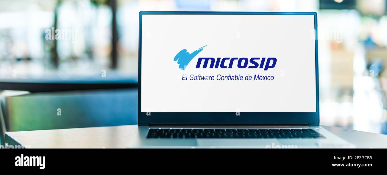 POZNAN, POL - 6 FÉVRIER 2021 : ordinateur portable affichant le logo de Microsip Banque D'Images