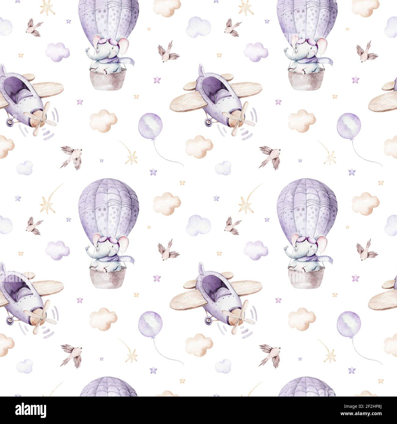 Aquarelle violet illustration d'une scène de ciel mignon et fantaisie avec  des avions et des ballons, des nuages. Motif bébé garçon et fille. Douche  bébé, nur Photo Stock - Alamy