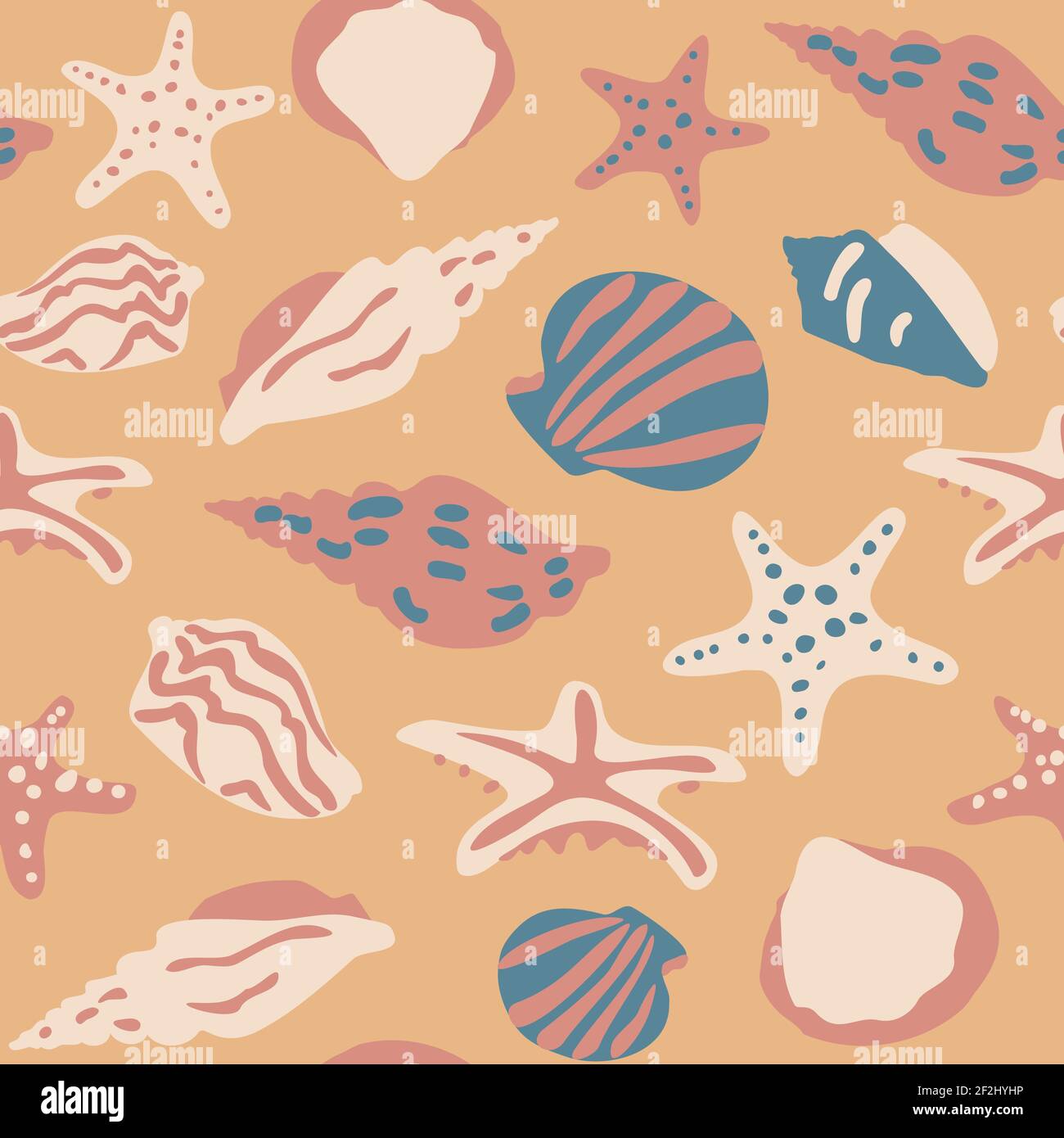 Motif vectoriel sans couture avec coquillages et étoiles de mer sur fond orange. Design avec étoiles de mer et coquillages. Illustration de Vecteur