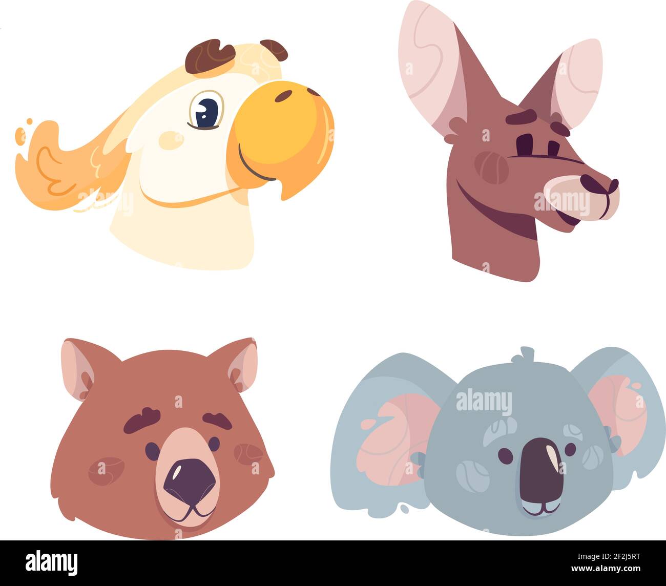 têtes mignonnes kangourou, cafatoo, wombat et koala. Animaux et oiseaux vectoriels amusants de la série australienne. Illustrations pour les livres pour enfants, encyclopédies, cartes. Style de dessin animé isolé sur blanc Illustration de Vecteur