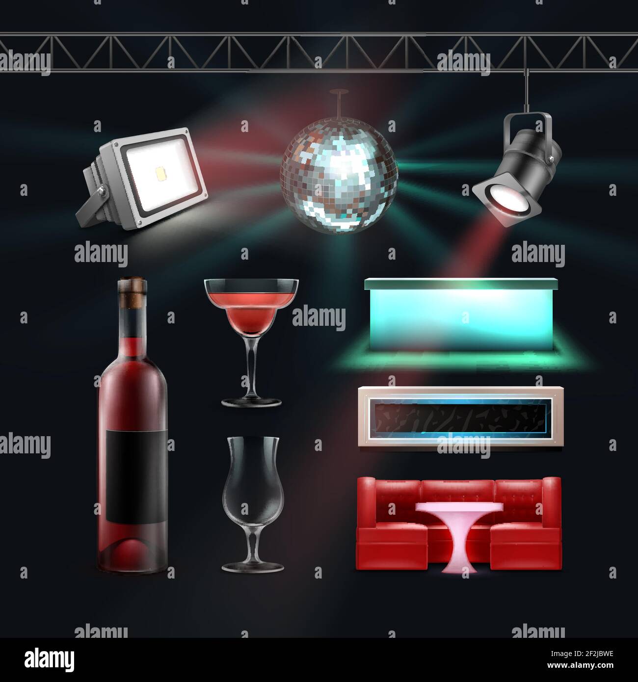 Boîte de nuit Vector avec boule disco, comptoirs de bar, verre à cocktail, bouteille de vin, spots au plafond et au sol Illustration de Vecteur