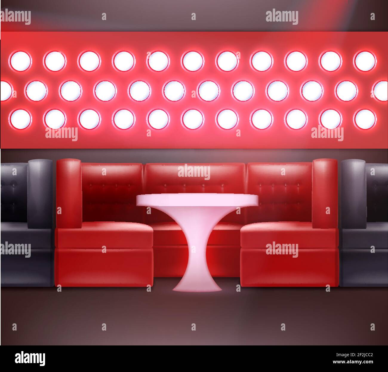 Intérieur de boîte de nuit Vector dans des tons rouges et noirs avec rétro-éclairage, fauteuils et table éclairée Illustration de Vecteur