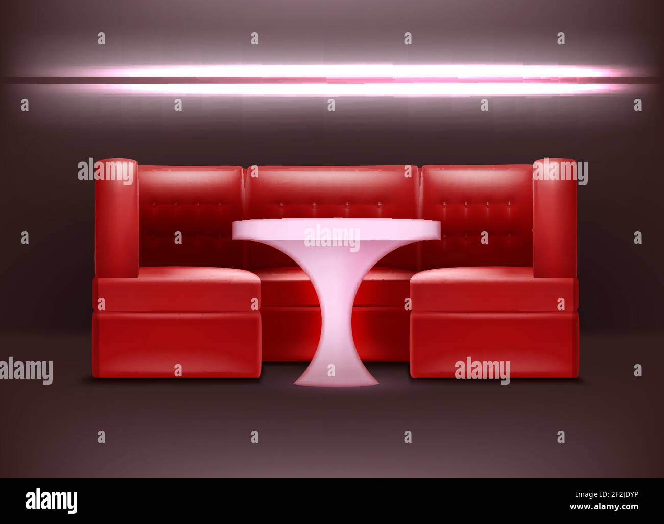 Décoration de boîte de nuit Vector dans des tons rouges avec rétro-éclairage, fauteuils et table éclairée Illustration de Vecteur