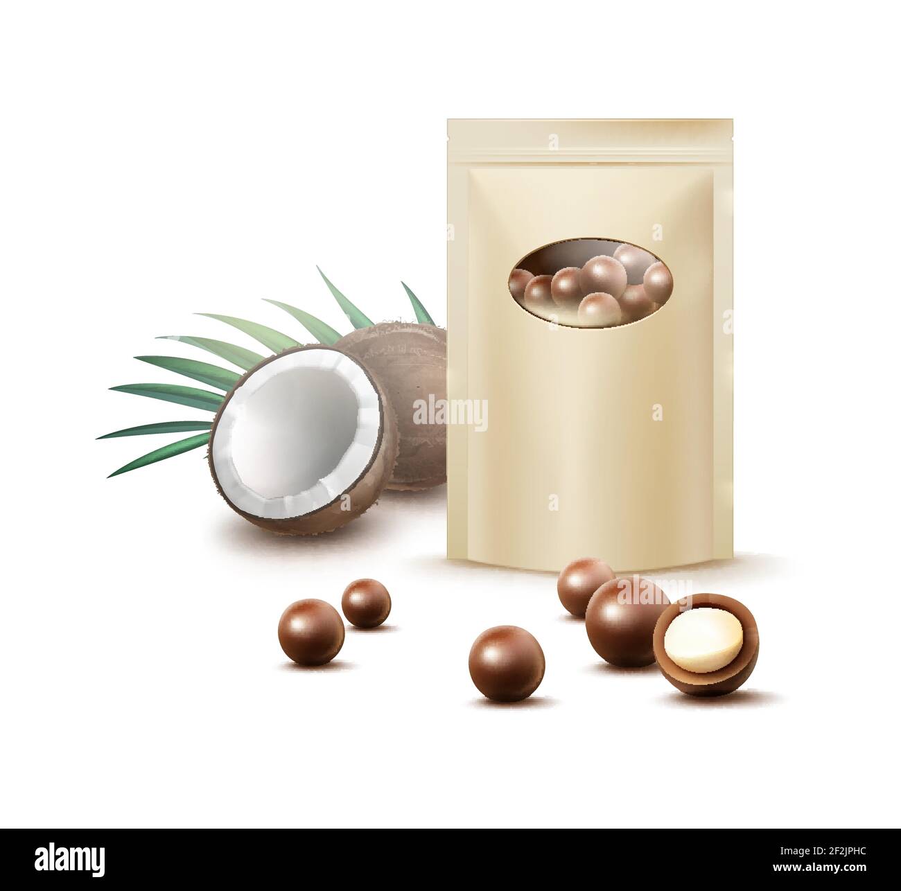 Bonbons au chocolat à boules vectorielles avec garniture à la noix de coco et ocre vierge pack pour une vue avant éclatante isolée sur fond blanc Illustration de Vecteur