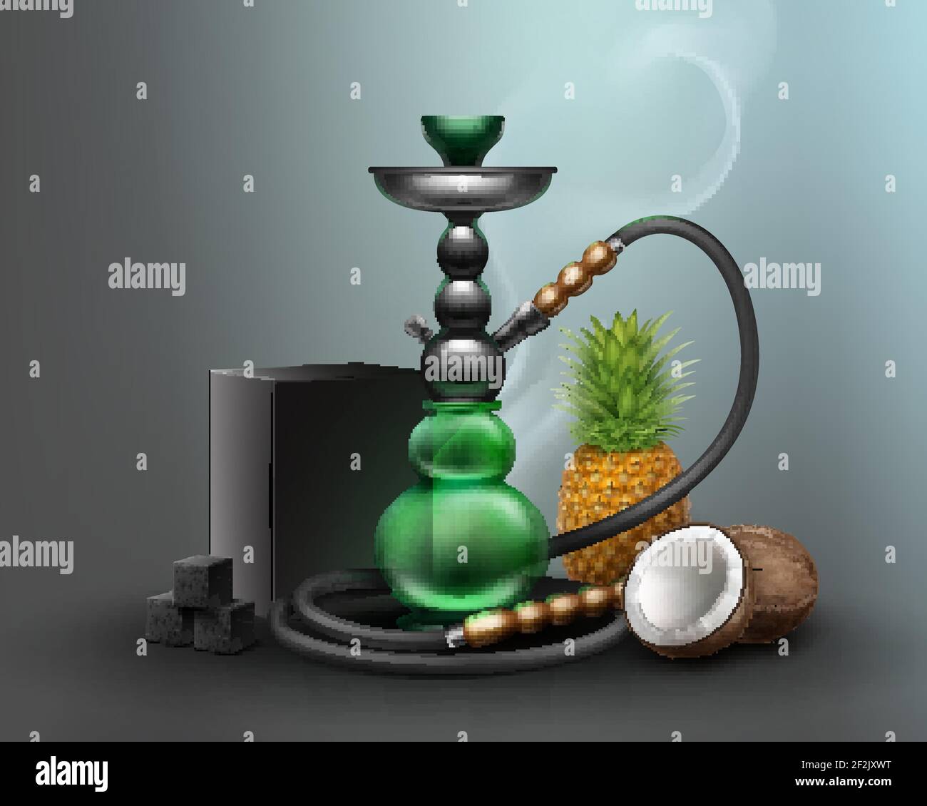 Vecteur grand nargile pour fumer du tabac fait de métal et de verre vert avec long tuyau de nargua, charbon de bois. Ananas et noix de coco sur fond sombre Illustration de Vecteur