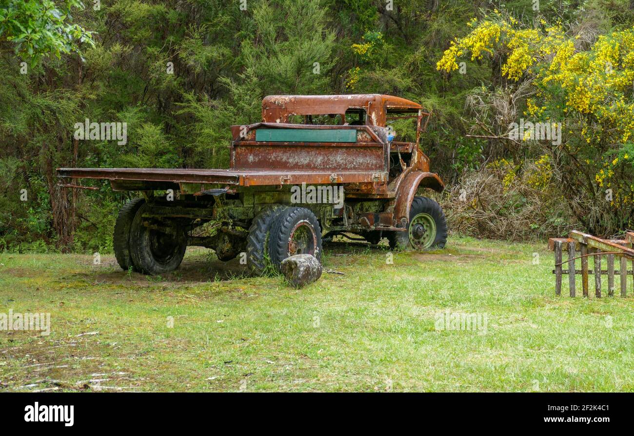 Pourrir un vieux camion dans une végétation verte vue au sud Île de Nouvelle-Zélande Banque D'Images