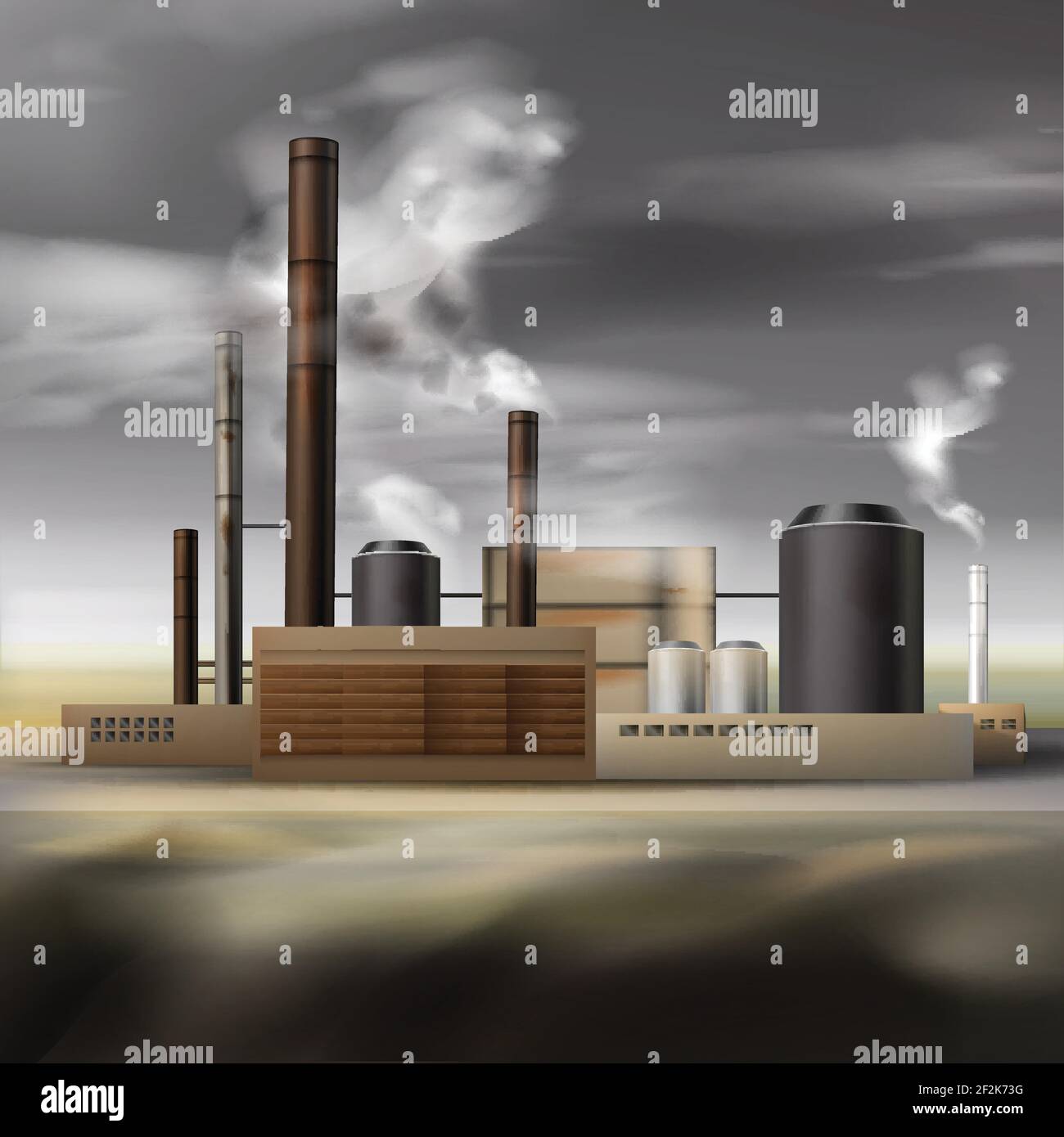 Usine de produits chimiques vectoriels avec fumée des tuyaux et des conditions météorologiques couvert, concept de pollution de l'air Illustration de Vecteur