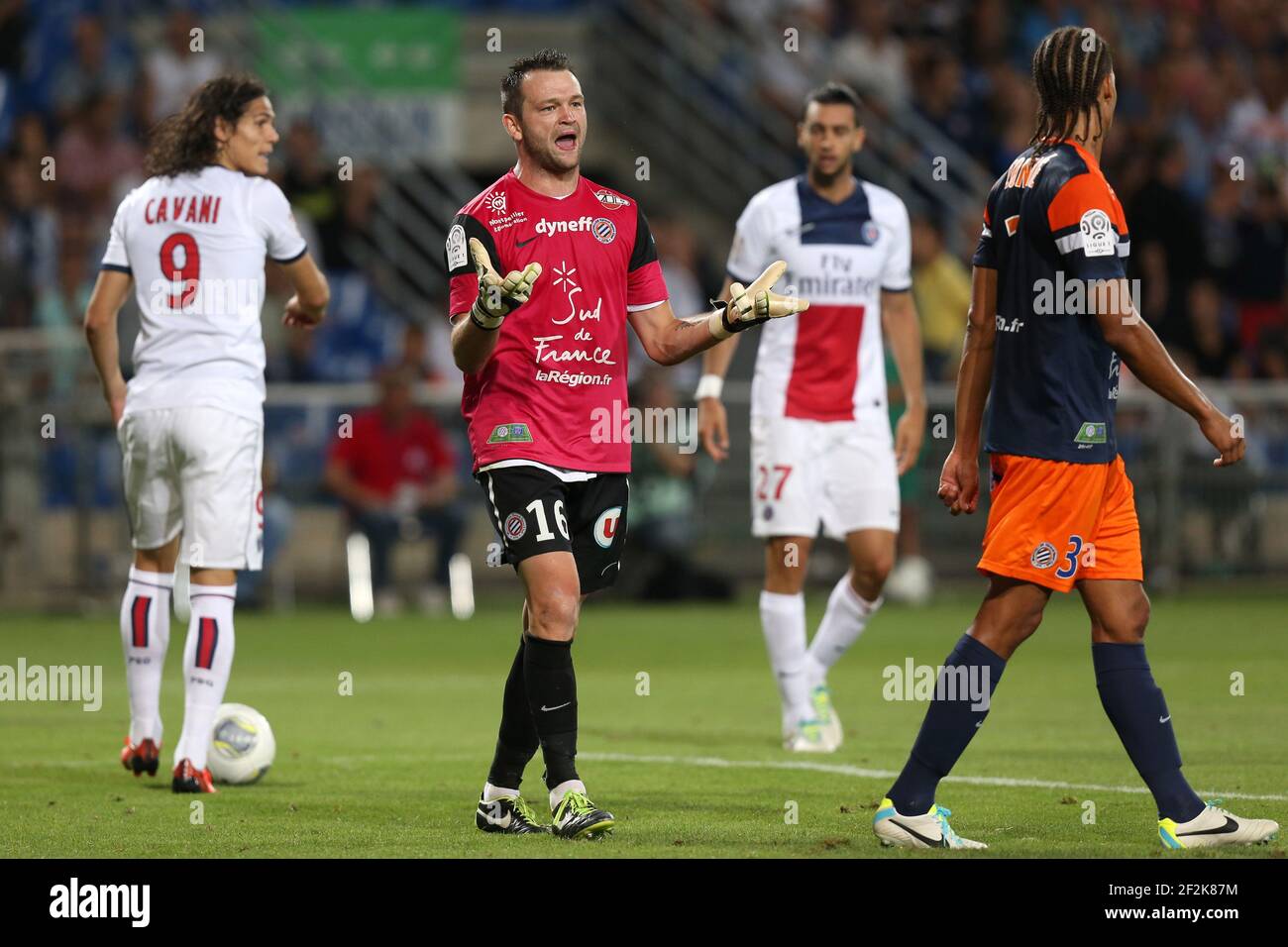 Football - Championnat de France 2013/2014 - L1 - Montpellier HSC / Paris Saint Germain le 09 août 2013 à Montpellier, France - photo Manuel Blondeau / AOP Press / DPPI - Geoffrey Jourdren of Montpellier HSC réagit Banque D'Images