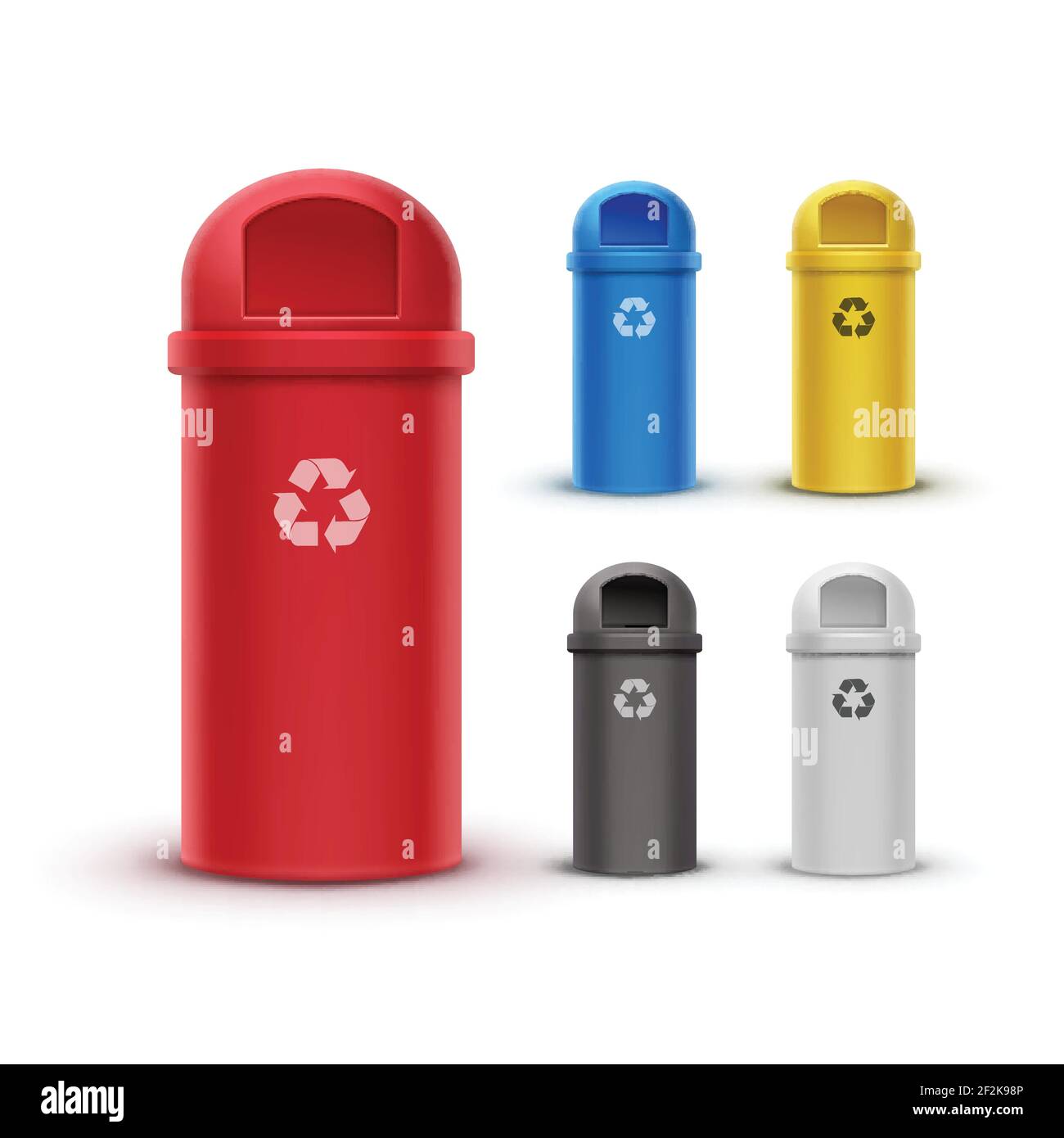 Ensemble vectoriel de bacs de recyclage rouge, jaune, bleu, blanc et noir pour le tri des déchets Illustration de Vecteur