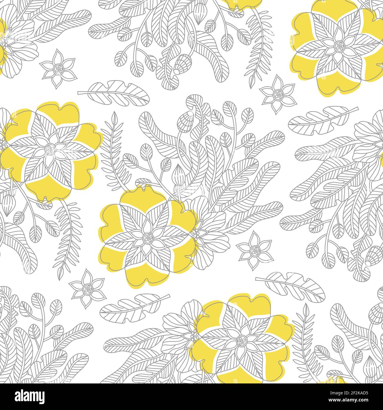 Fleurs Doodle motif sans couture dans les couleurs tendance pour 2021, gris ultime et illuminant, page adultes coloriage livres, Monochrome contour floral vecteur Illustration de Vecteur