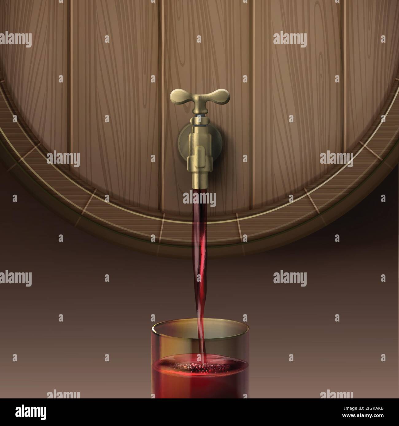 Illustration vectorielle du concept déversant du vin rouge en fût de bois dans un verre, isolé sur fond marron Illustration de Vecteur