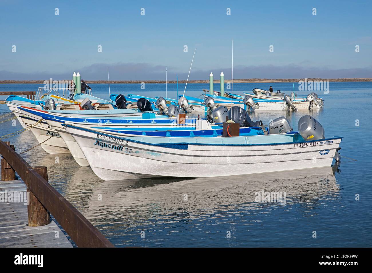 Bateaux touristiques attendant les touristes pour repérer les baleines grises à Puerto Adolfo López Mateos, Comondú sur la péninsule de Baja California sur, Mexique Banque D'Images