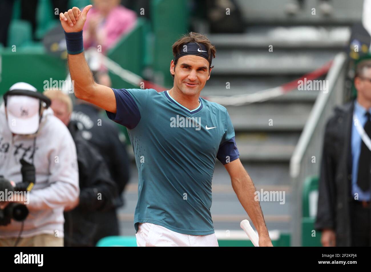 Roger Federer, de Suisse, célèbre sa victoire lors des ATP Monte-Carlo Rolex Masters 2014, Monaco, le 16 avril 2014. Photo Manuel Blondau / AOP PRESSE / DPPI Banque D'Images