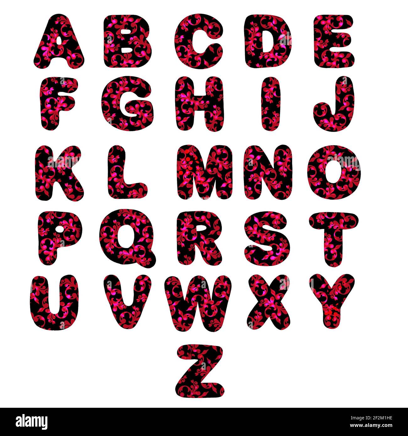L'alphabet anglais en noir avec un motif de fleur rouge pour la décoration et l'enseignement des enfants Banque D'Images