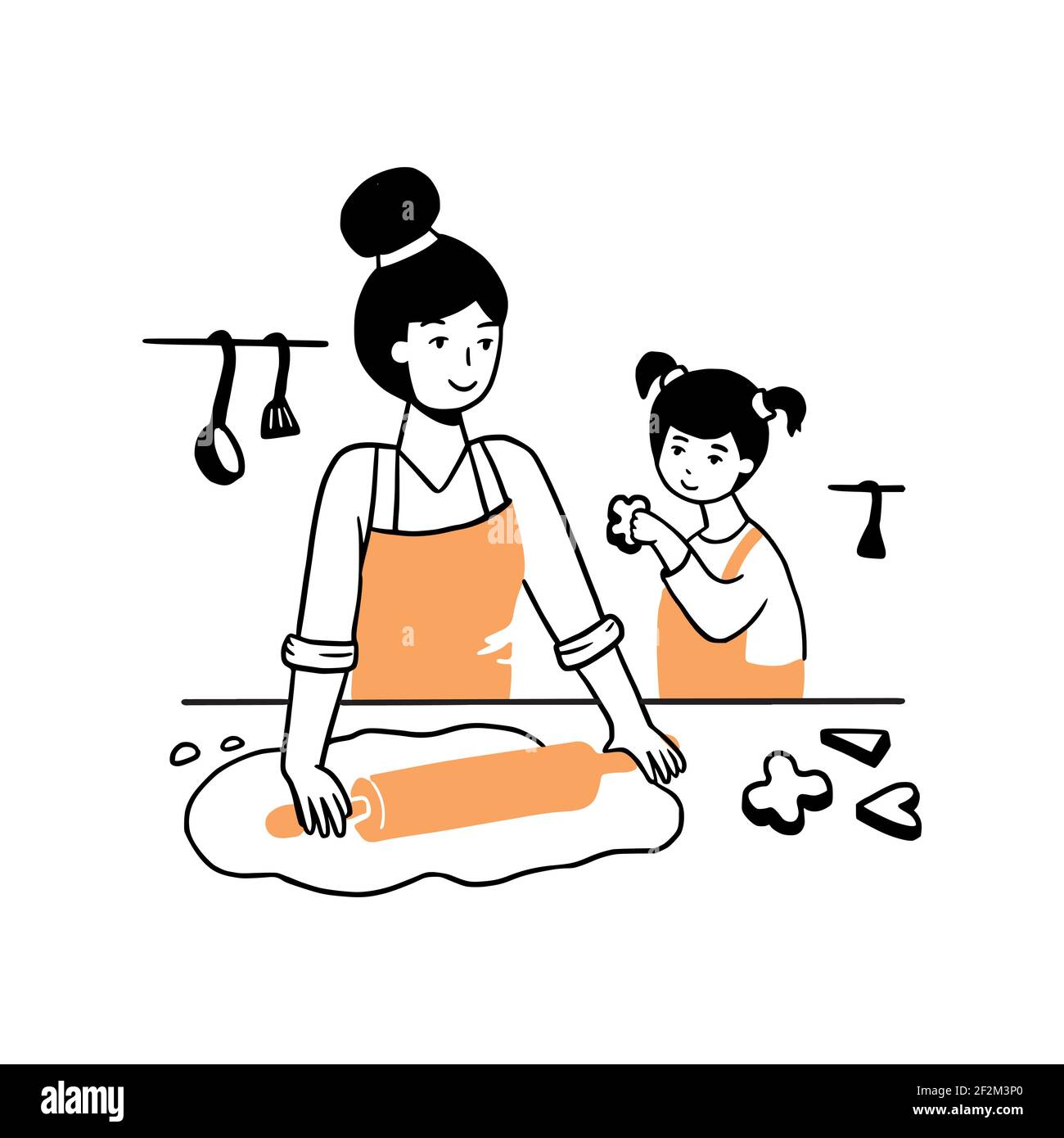 Une jeune femme et un enfant dessinés à la main cuisinant ensemble. Personnage de dessin animé souriant et mignon. Illustration de style d'esquisse Doodle. Concept de maman et de fille, cuisine avec les enfants, mode de vie familial. Illustration de Vecteur