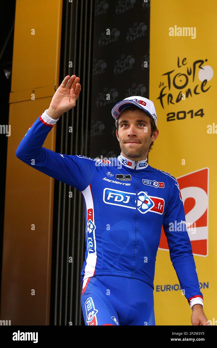 Thibaut Pinot de France FDJ.fr célèbre son maillot blanc sur le podium lors  du Tour de France, UCI World Tour 2014, Stage 17, Saint-Gaudens -  Saint-Lary Pla d'Adet (224,5 km), le 23