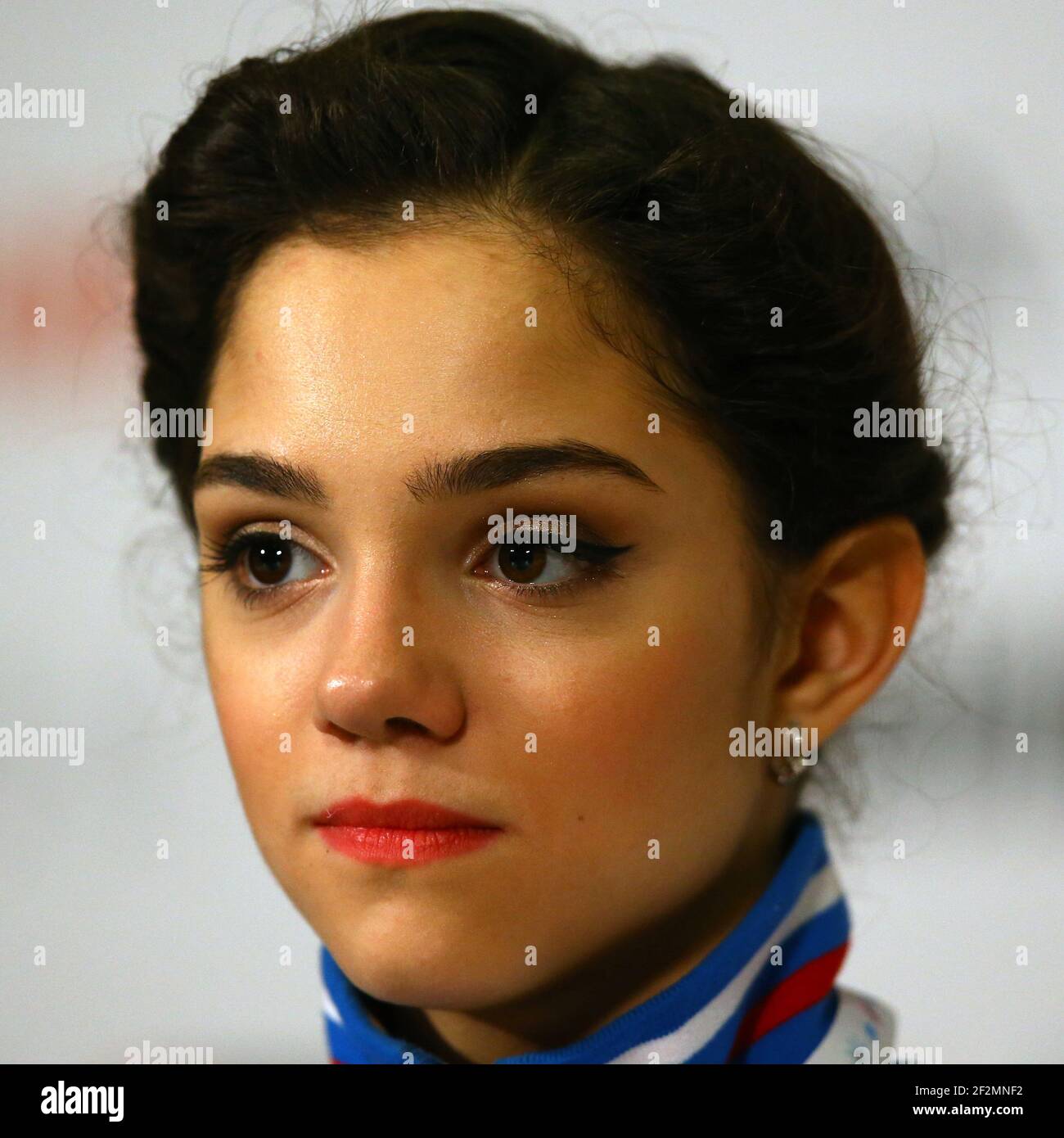 Evgenia Meddeva, de Russie, est photographiée lors de la conférence de presse de la finale du Grand Prix de patinage artistique de l'UIP 2015-2016, au Centre de congrès de Barcelone, à Barcelone, Espagne, le 12 décembre 2015. Photo : Manuel Blondau/AOP.Press/DPPI Banque D'Images