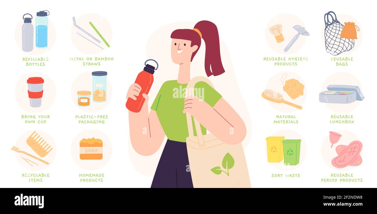 Aucune pointe de déchets. Réduire le plastique en utilisant des produits recyclables et réutilisables, des bouteilles, des couverts et des sacs. Infographie sur les vecteurs de vie durable Illustration de Vecteur