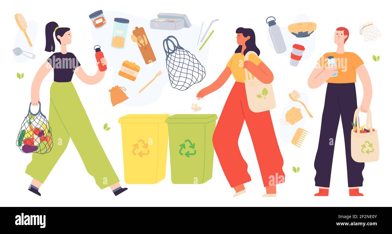 Un style de vie sans gaspillage. Produit écologique plat, personnes avec sac d'épicerie réutilisable et bac de recyclage. Ensemble de vecteurs de protection de l'environnement de la terre Illustration de Vecteur