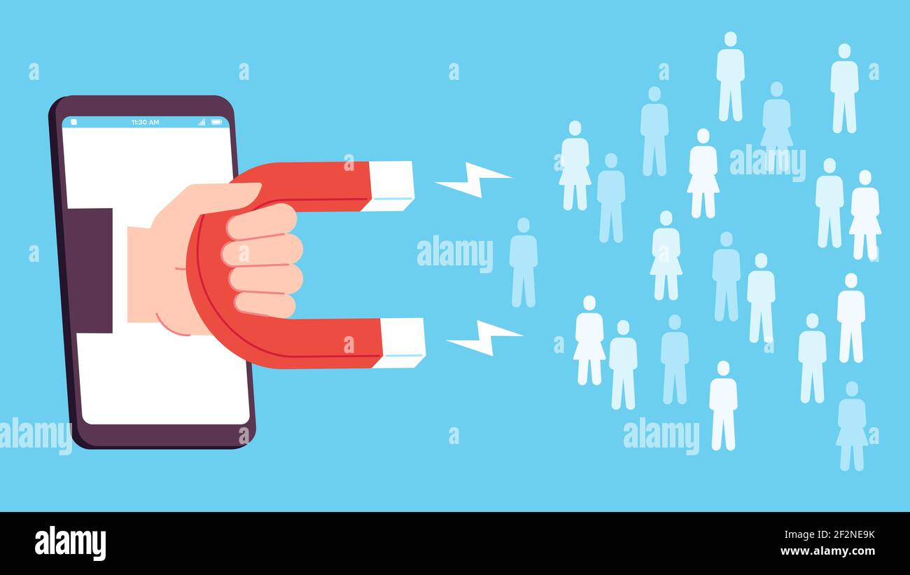 Génération de prospects. L'écran du smartphone avec aimant de maintien permet d'attirer de nouvelles icônes de clients. Concept de vecteur de marketing entrant de médias sociaux plats Illustration de Vecteur Génération de prospects. L'écran du smartphone avec aimant de maintien permet d'attirer de nouvelles icônes de clients. Concept de vecteur de marketing entrant de médias sociaux plats Illustration de Vecteur