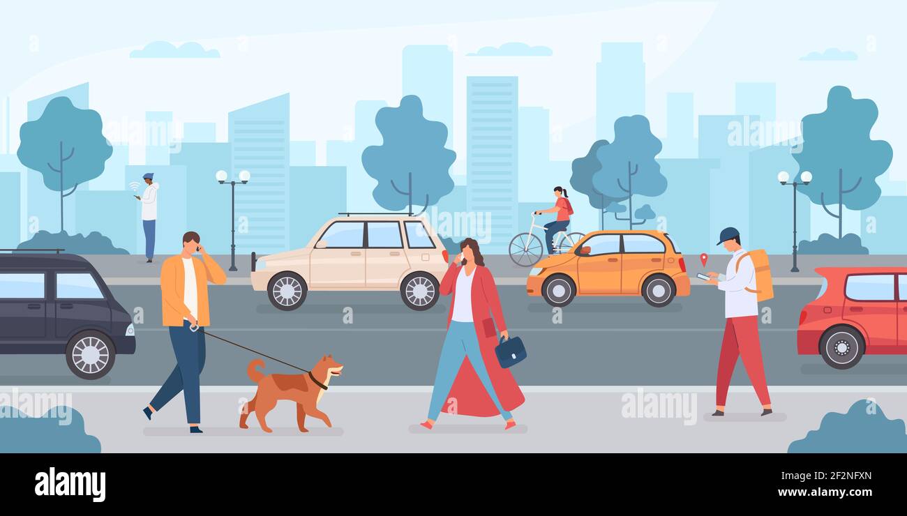 Voitures sur la route de la ville. Les gens qui marchent avec leur chien et qui font du vélo dans la rue. Infrastructure urbaine et trafic de transport. Voiture sans conducteur à vecteur plat Illustration de Vecteur