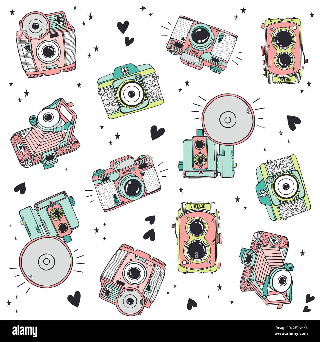 Illustration des appareils photo anciens dessinés à la main au format vectoriel. Appareils photo Vintage de style Doodle Illustration de Vecteur
