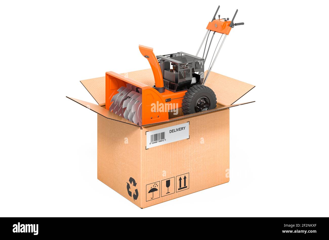 Souffleuse à neige à l'intérieur de la boîte en carton, concept de livraison. Rendu 3D isolé sur fond blanc Banque D'Images