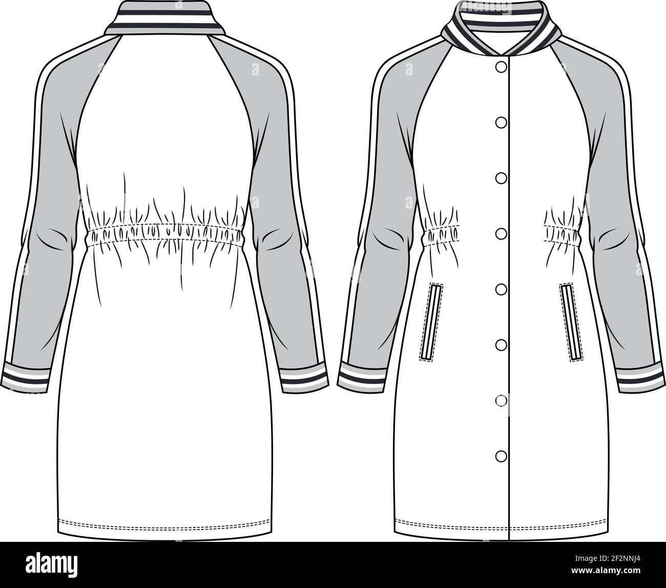 Girls Sporty Knit Dress Fashion Flat sketch template. Illustration technique de la mode de la veste de baseball. Manches raglan, dos élastique et ouverture par bouton-pression Illustration de Vecteur