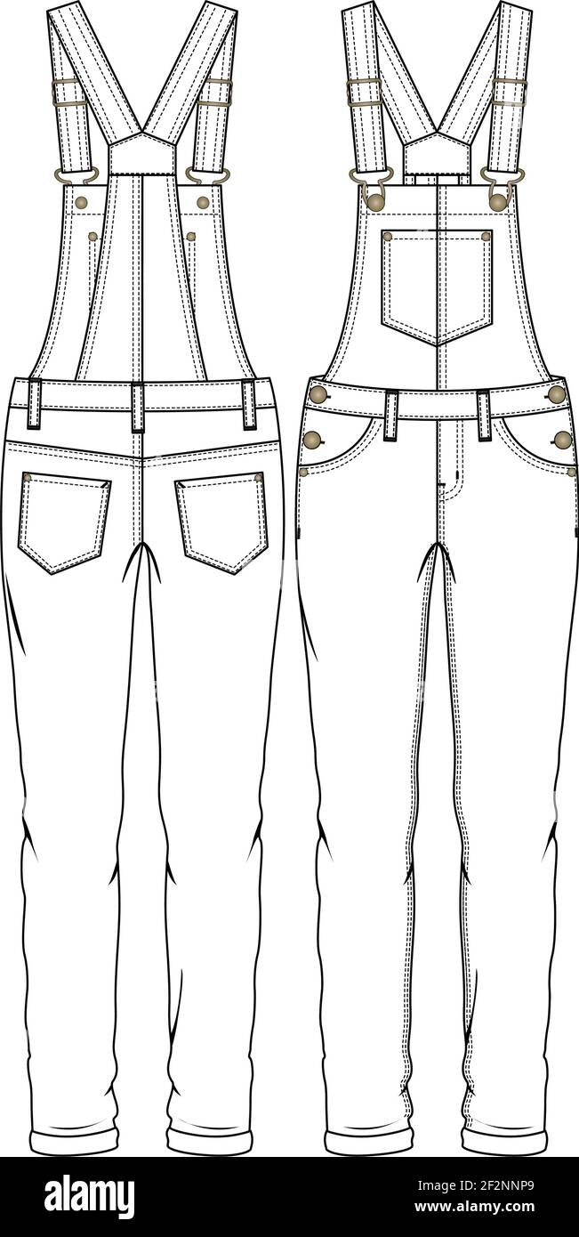 Combinaison-pantalon mode fille à motif croquis à plat pour femmes. Illustration technique de la mode. Illustration de Vecteur