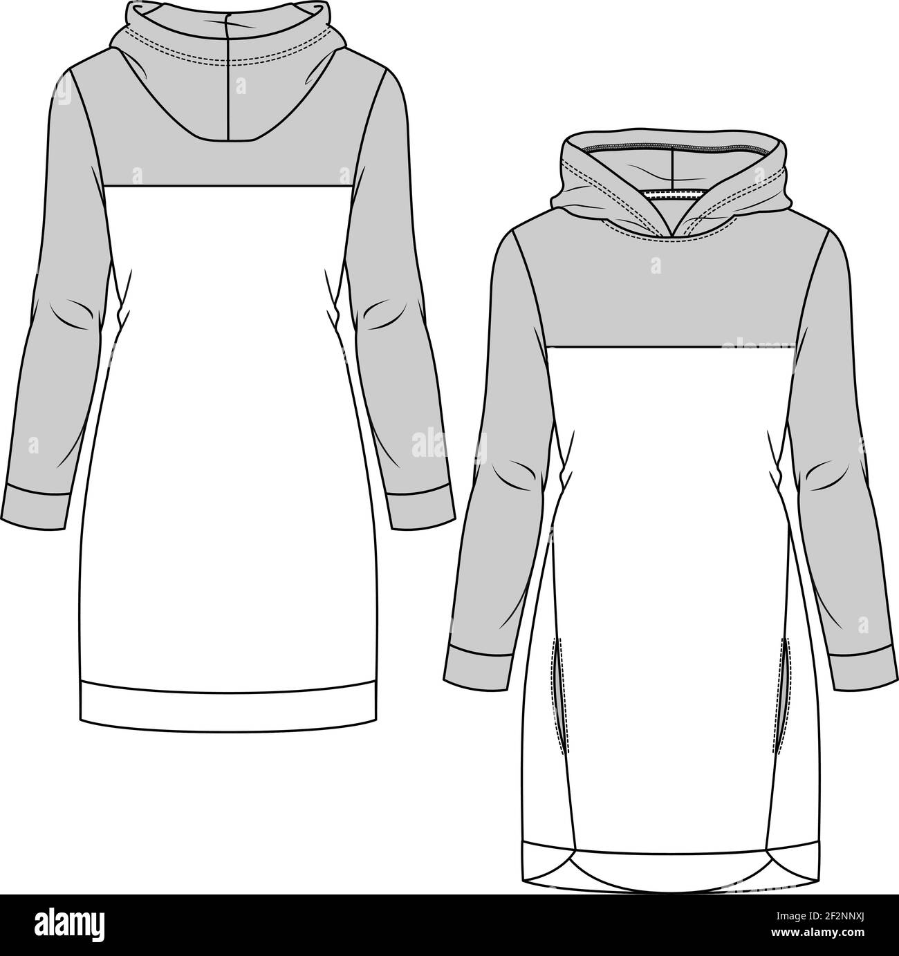 Robe polaire mode à capuche et motif color block pour fille avec croquis à plat. Illustration technique de la mode. Sweat-shirt long pour femme avec poches fendues sur le devant Illustration de Vecteur