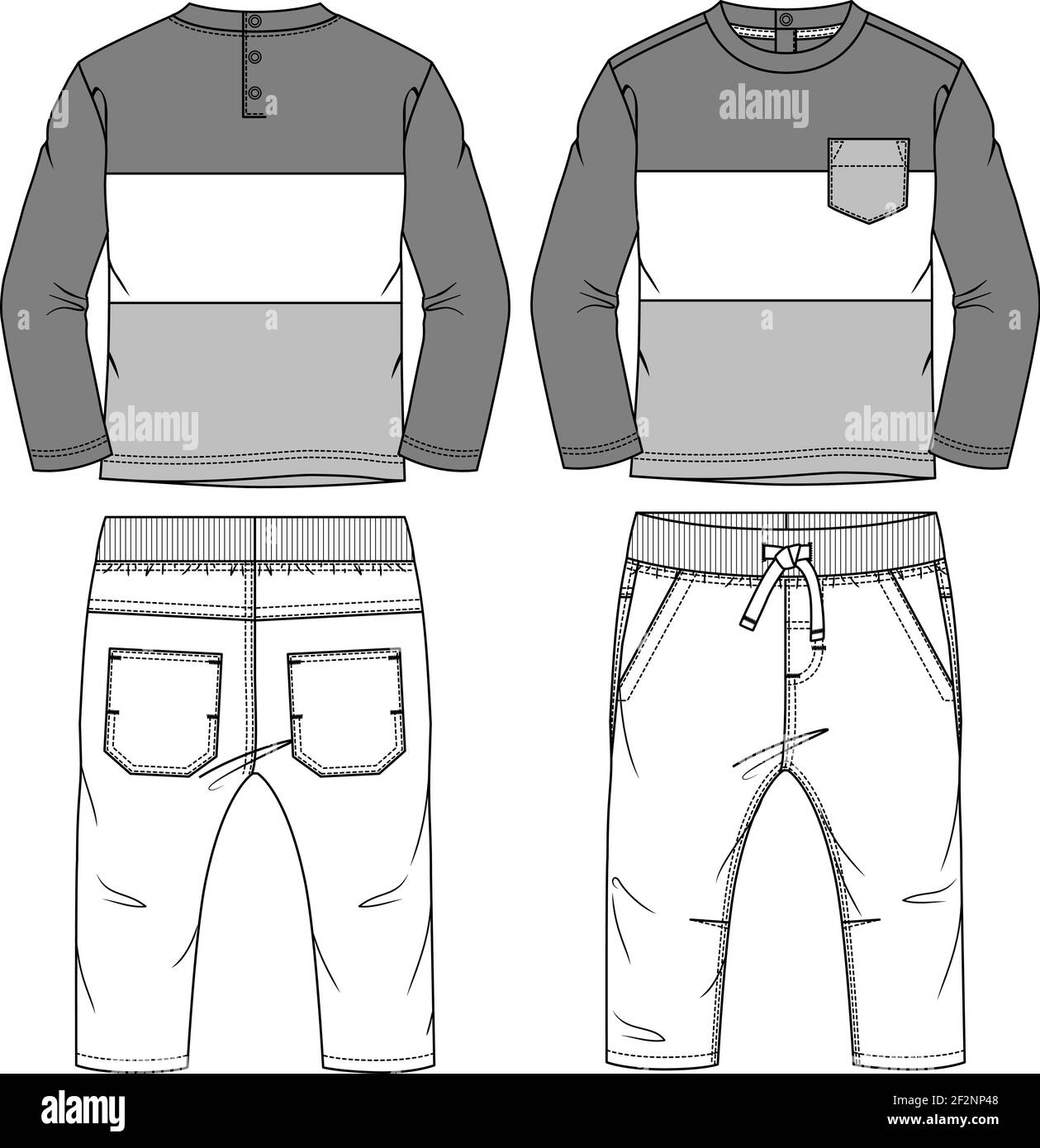Ensemble de pantalons mode 2 pièces pour bébés garçons, modèle de croquis à plat. Illustration technique de la mode. Top à manches longues et motif color block avec pantalon tissé. Ceinture côtelée Illustration de Vecteur