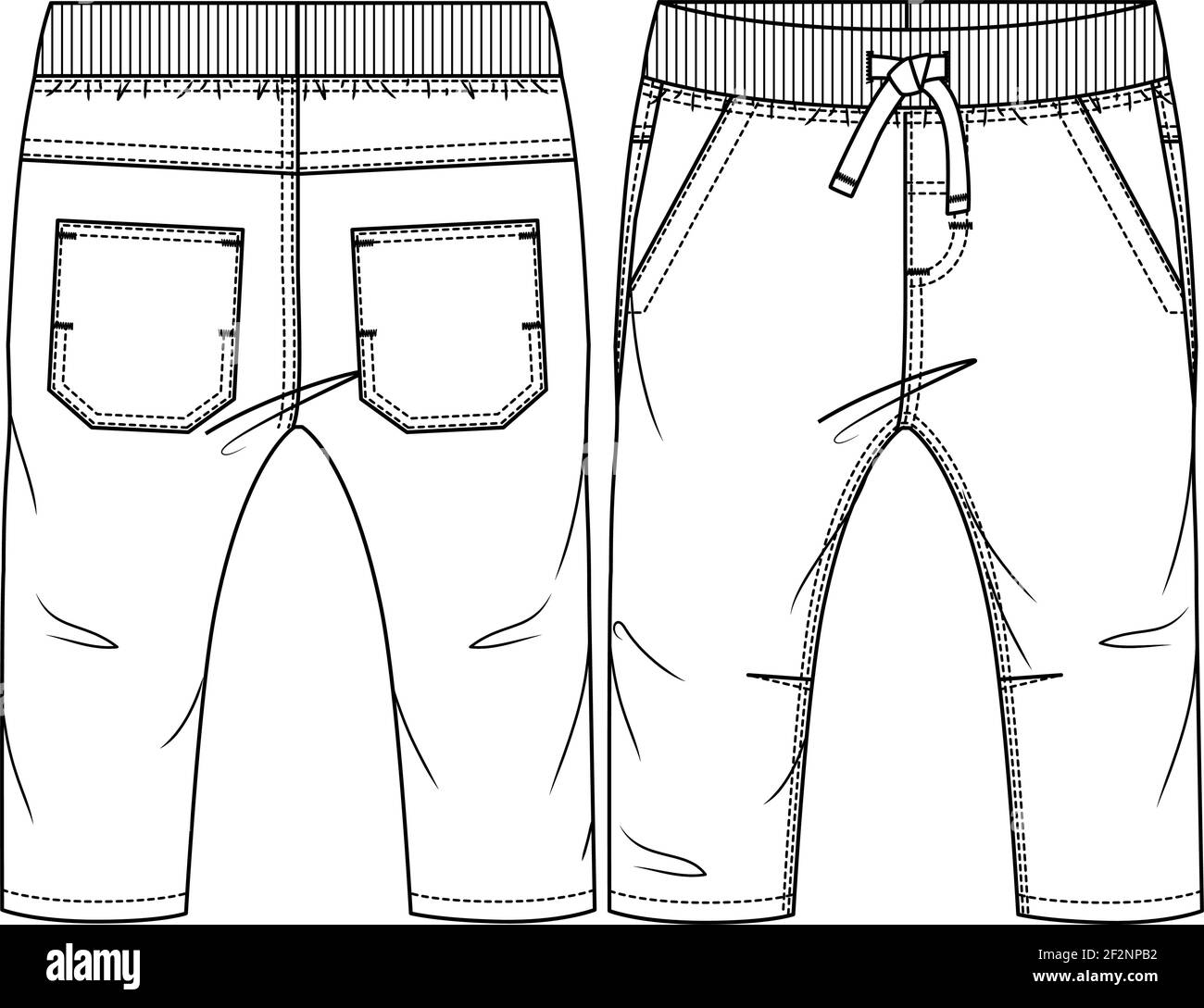Modèle de dessin plat tendance Pant pour bébés garçons. Illustration technique de la mode. CAD tissé. Taille côtelée avec faux cordon de serrage Illustration de Vecteur