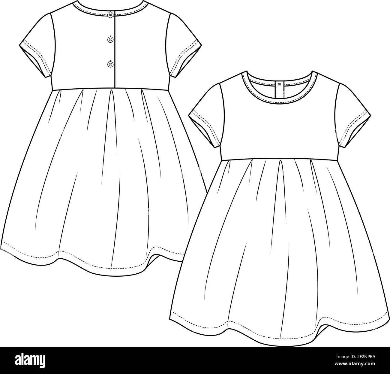 Bébé filles manches courtes robe mode plat modèle d'esquisse. Filles Empire taille robe technique mode Illustration. Illustration de Vecteur