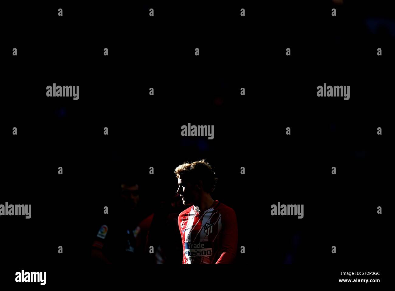 Antoine Griezmann, l'avant-projet français d'Atletico Madrid, réagit lors du match de football de championnat espagnol de la Ligue entre Atletico Madrid et Athletic Bilbao le 18 février 2018 au stade Metropolitano de Madrid, Espagne - photo Benjamin Cremel / DPPI Banque D'Images