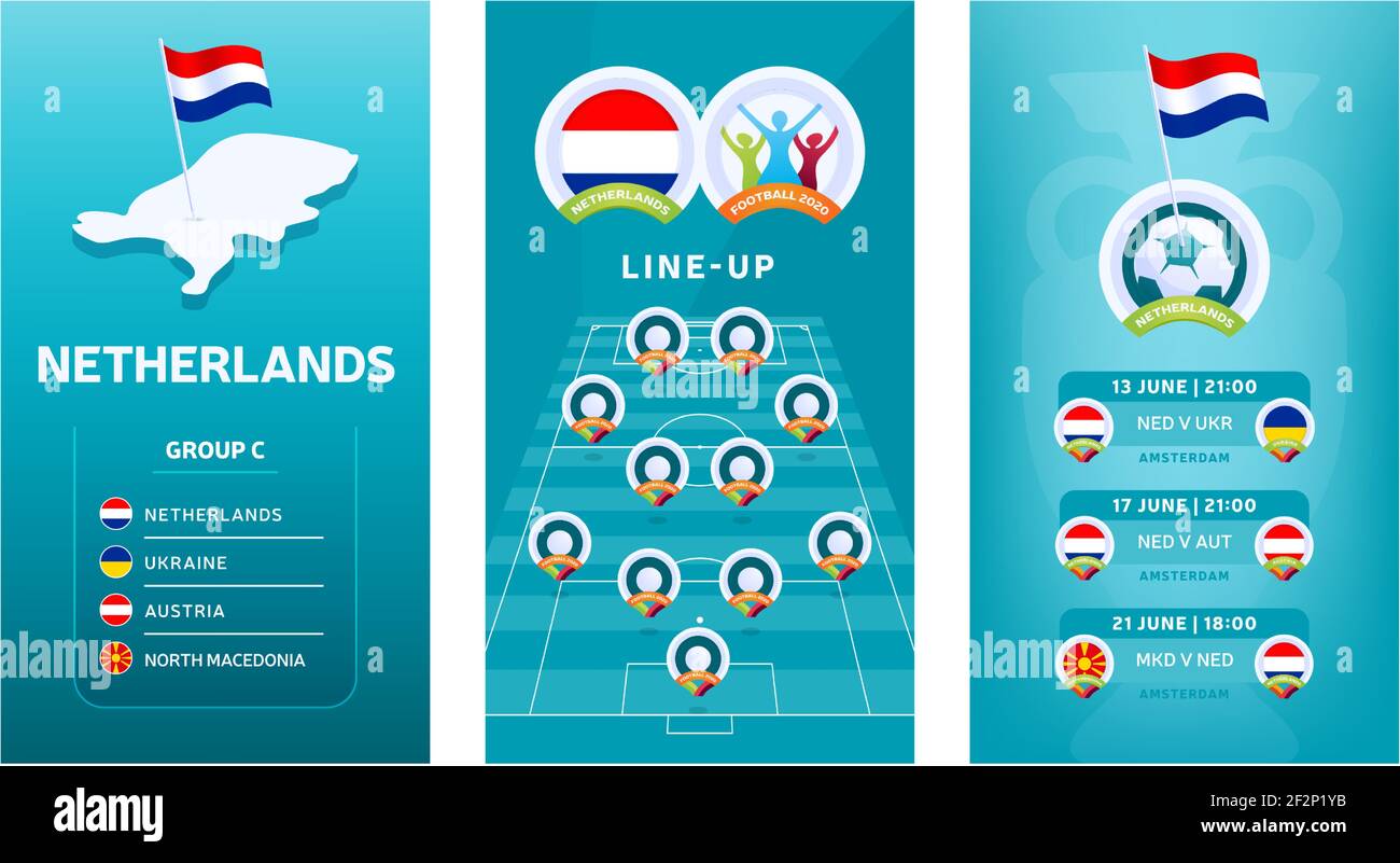 Bandeau vertical football européen 2020 pour les médias sociaux. Bannière du groupe C des pays-Bas avec carte isométrique, drapeau à broche, calendrier des matchs et alignement sur le SO Illustration de Vecteur