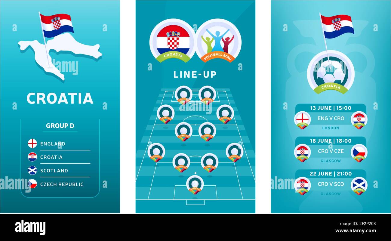 Bandeau vertical football européen 2020 pour les médias sociaux. Bannière du groupe D de Croatie avec carte isométrique, drapeau à épingles, calendrier des matchs et file d'attente sur le football Illustration de Vecteur