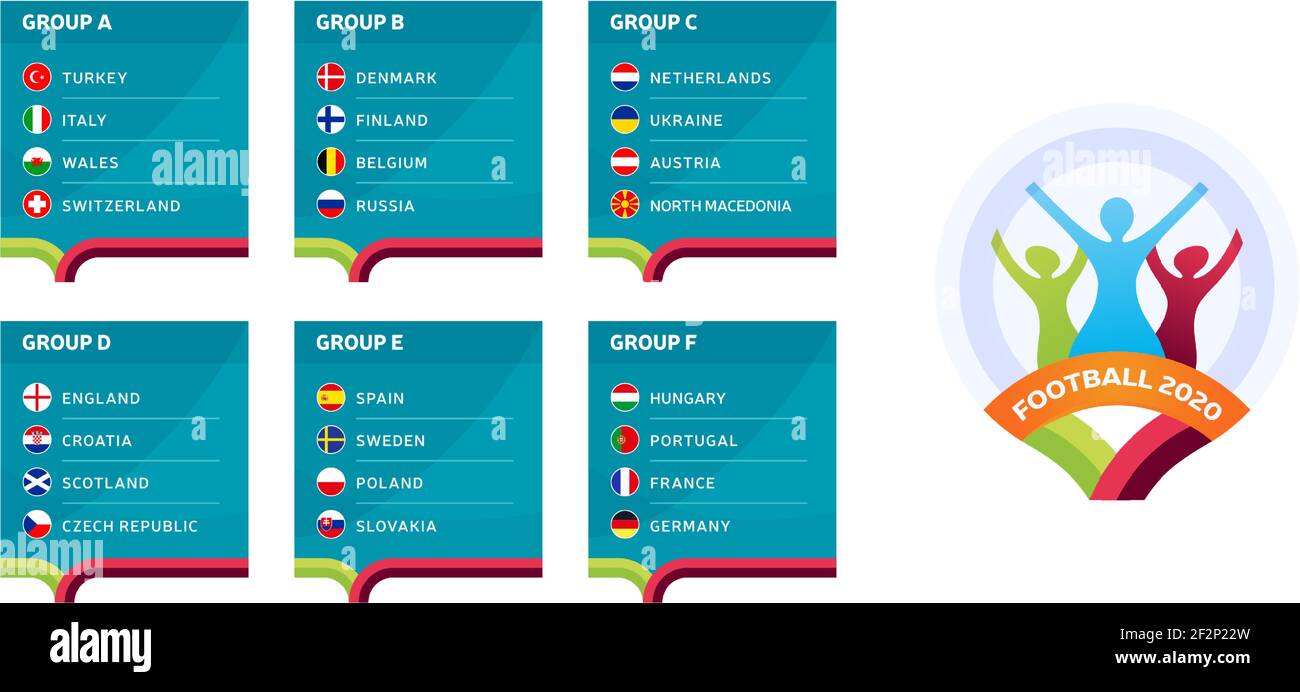Championnat européen de football 2020 phase finale groupes vecteur stock illustration. Tournoi européen de football 2020 avec fond. Drapeaux de pays vectoriels Illustration de Vecteur
