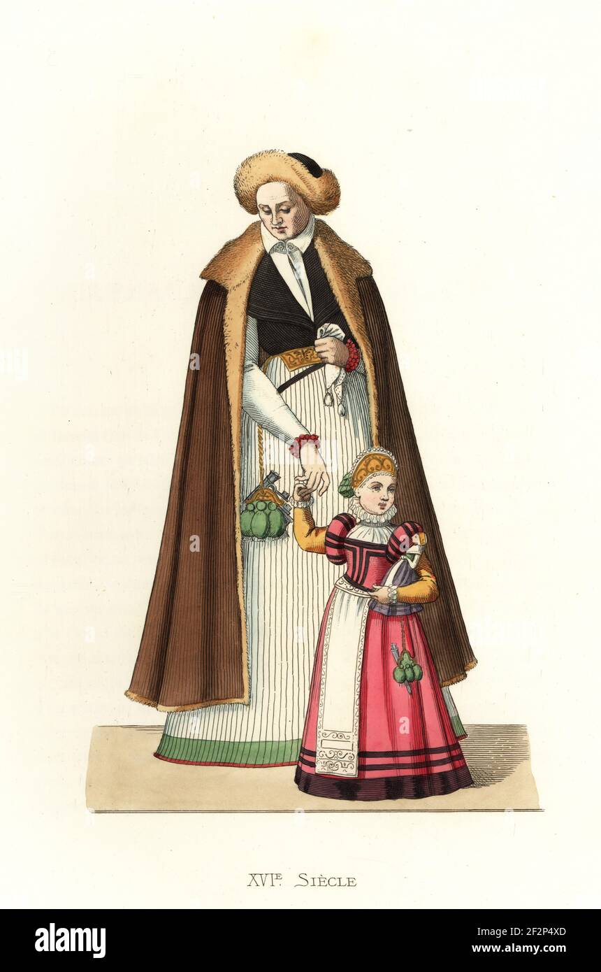 Gouvernante et fille de Silésie, nord de l'Allemagne, XVIe siècle. Femme en bonnet et cape en fourrure, jupe rayée. Fille en robe rose tenant une poupée de Nuremberg. Allemagne du Nord, Silesienne. Après une coupe de bois de Cesare Vecellio. Lithographie colorée à la main d'après une illustration d'Edmond LeChevallier-Chevignard des costumes historiques des XVIes, XVIIème et XVIIIe (costumes historiques des XVIe, XVIIe et XVIIIe siècles), Paris, 1867. Edmond LeChevallier-Chevignard était artiste, illustrateur de livres et décorateur d'intérieur. Banque D'Images