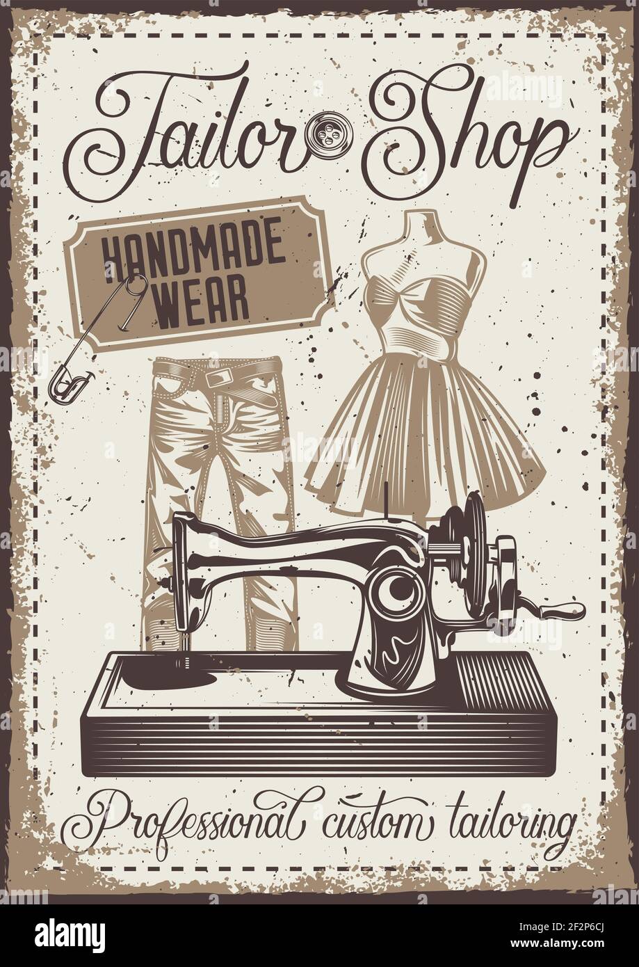 Affiche avec illustration d'un pantalon, d'un mannequin et d'une machine à coudre sur fond vintage. Illustration de Vecteur