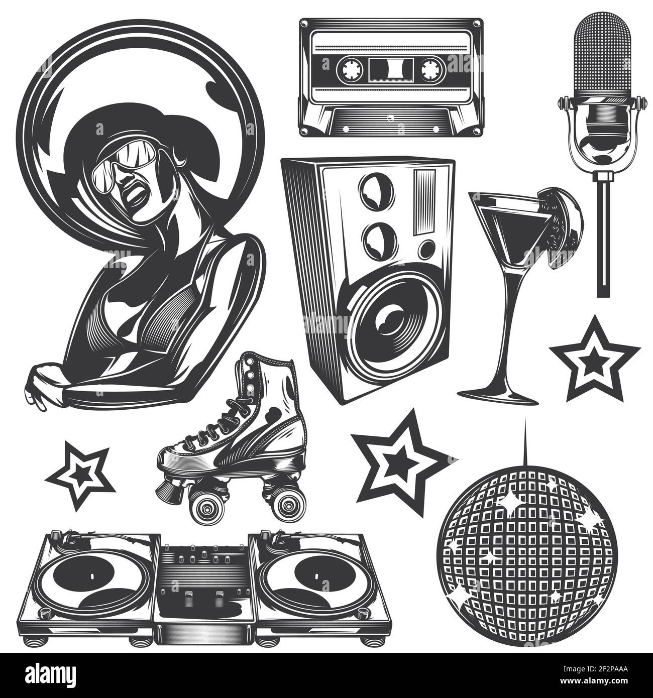 Ensemble d'éléments disco pour créer vos propres badges, logos, étiquettes, affiches, etc. Isolé sur blanc. Illustration de Vecteur