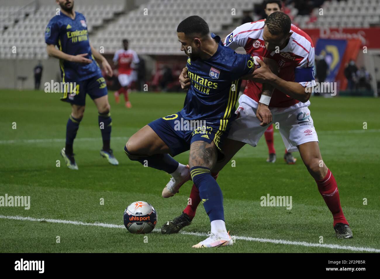 Reims, Marne, France. 12 mars 2021. L'attaquant de Lyon MEMPHIS DEPAY en action pendant le championnat de France de football Ligue 1 Uber mange le Stade de Reims contre l'Olympique Lyonnais au stade Auguste Delaune - Reims.jeu 1:1 crédit: Pierre Stevenin/ZUMA Wire/Alamy Live News Banque D'Images