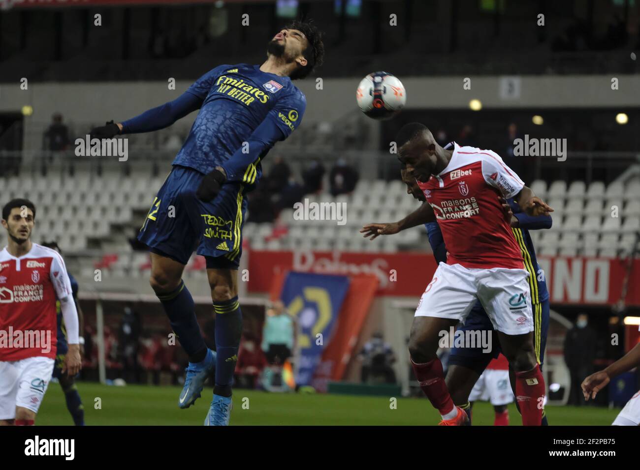 Reims, Marne, France. 12 mars 2021. Milieu de terrain de Lyon Lucas TOLENTINO en action pendant le championnat de France de football Ligue 1 Uber mange le Stade de Reims contre l'Olympique Lyonnais au stade Auguste Delaune - Reims.jeu 1:1 crédit: Pierre Stevenin/ZUMA Wire/Alamy Live News Banque D'Images