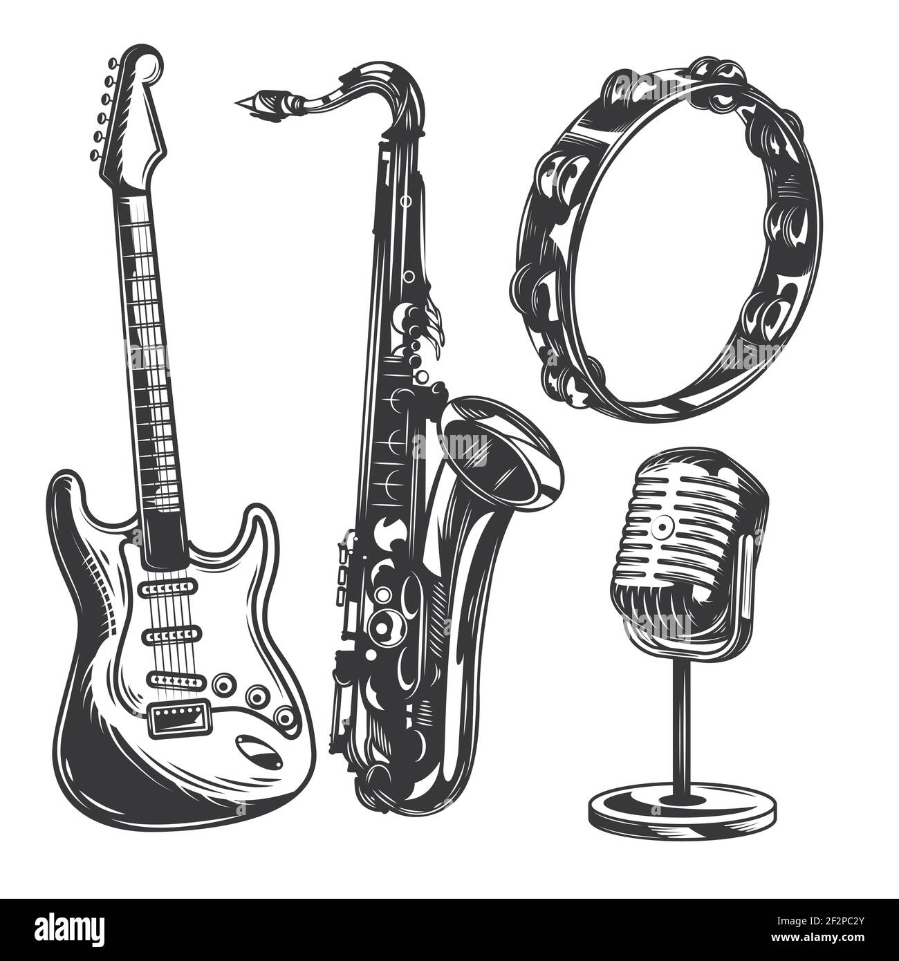 Jeu d'instruments de musique (guitare, microphone, tambourine, saxophone) pour créer vos propres badges, logos, étiquettes, affiches, etc. Isolés sur du blanc. Illustration de Vecteur