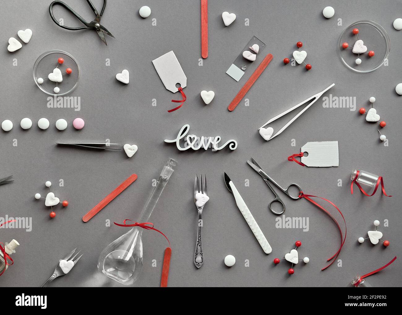 Chimie de l'amour. Mise à plat créative sur papier gris. Vue de dessus avec verrerie chimique, plats de pétri, molécules d'amour, coeurs de sucre, ciseaux, pinces Banque D'Images