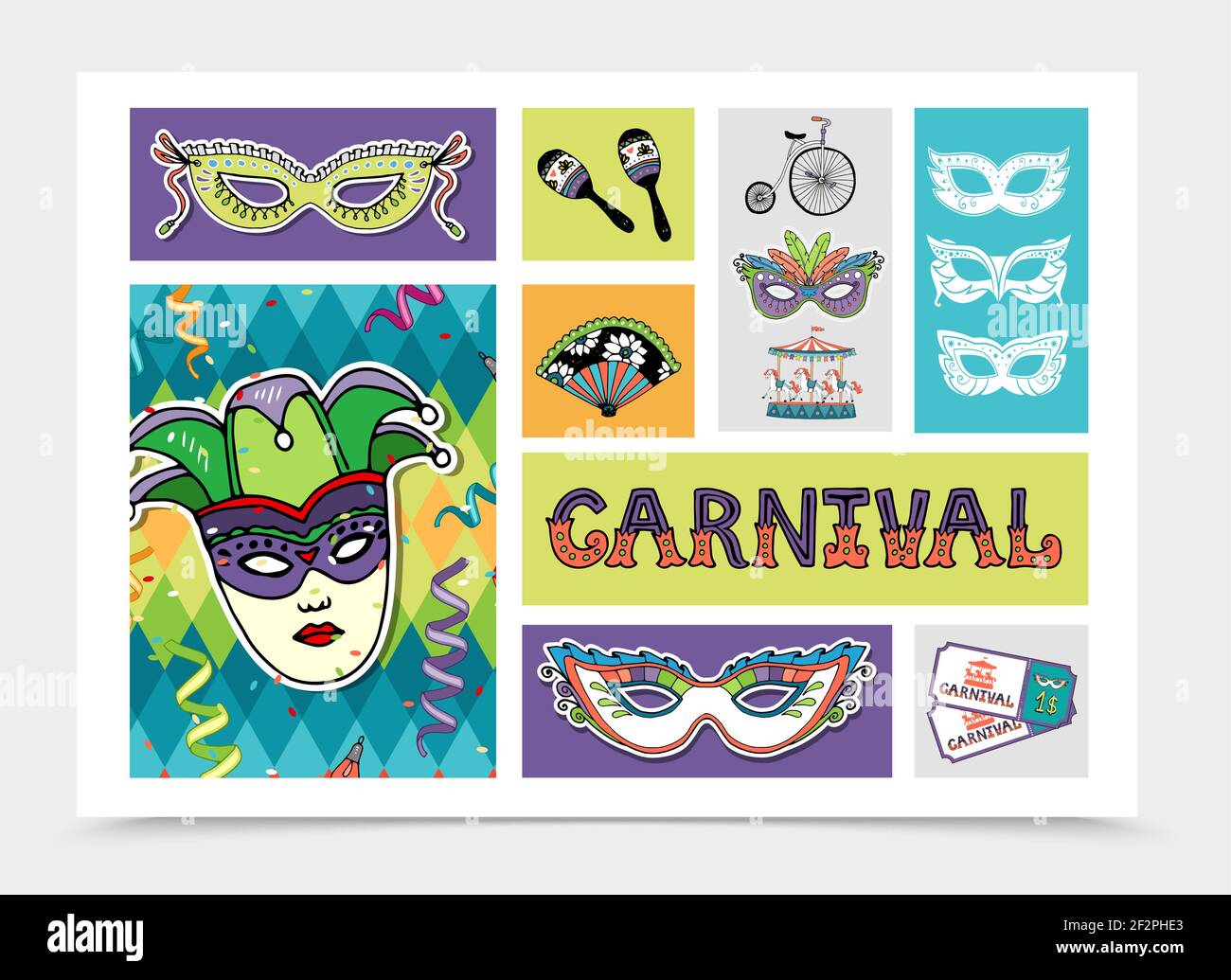 Ensemble plat éléments festifs de carnaval avec tête de femme en jester chapeau mascarade masques maracas original fan tickets cirque vélo cheval vecteur carrousel il Illustration de Vecteur